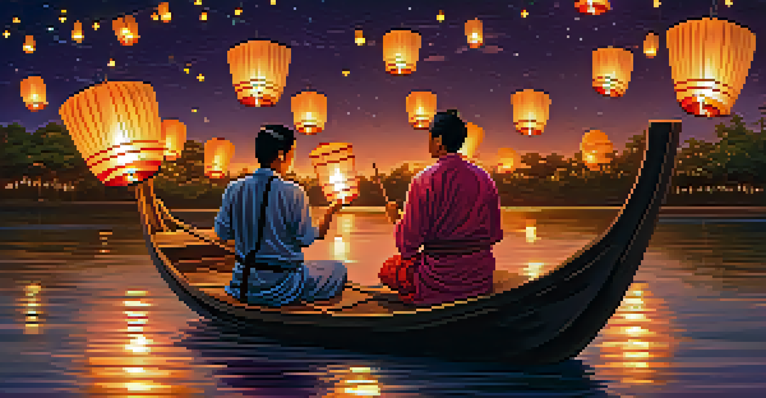 People releasing floating lanterns on a river during the Loy Krathong festival at night, surrounded by a starry sky.