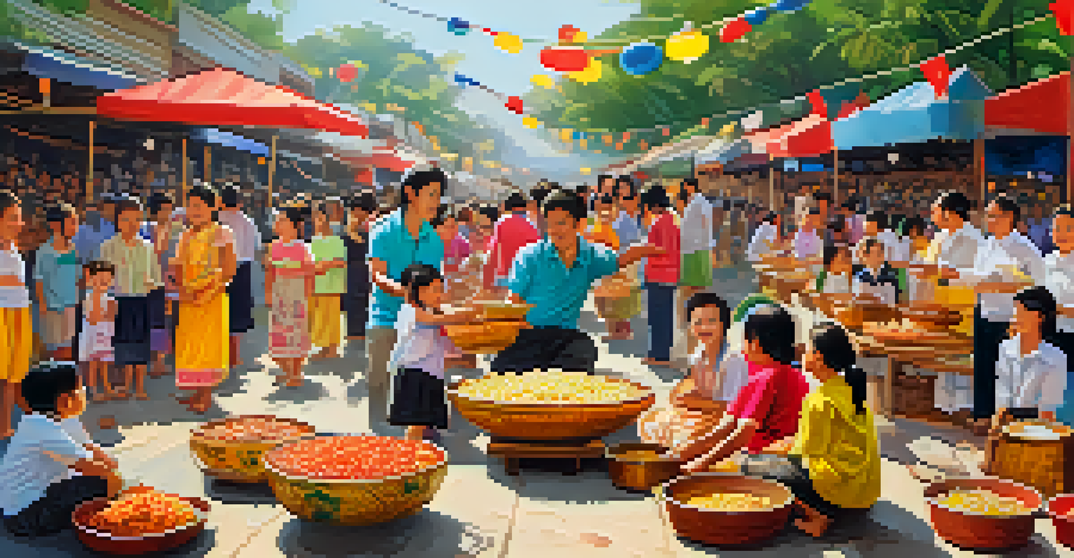 Families and children enjoying traditional games and street food at the Phi Ta Khon Festival, surrounded by colorful stalls.