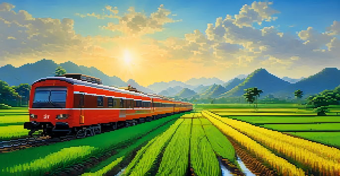 A train traveling through green rice fields with farmers and mountains in the background under a blue sky.