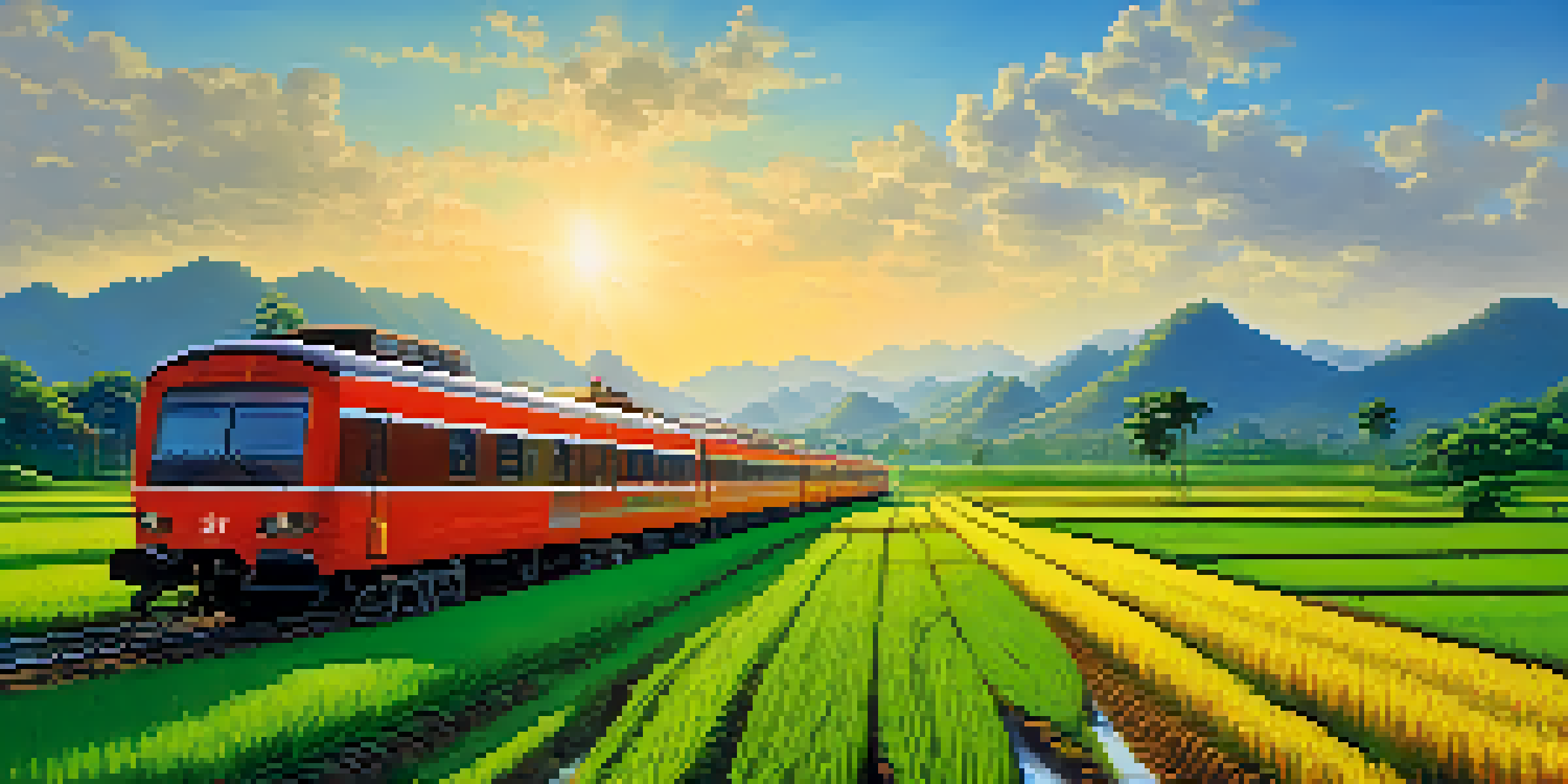 A train traveling through green rice fields with farmers and mountains in the background under a blue sky.