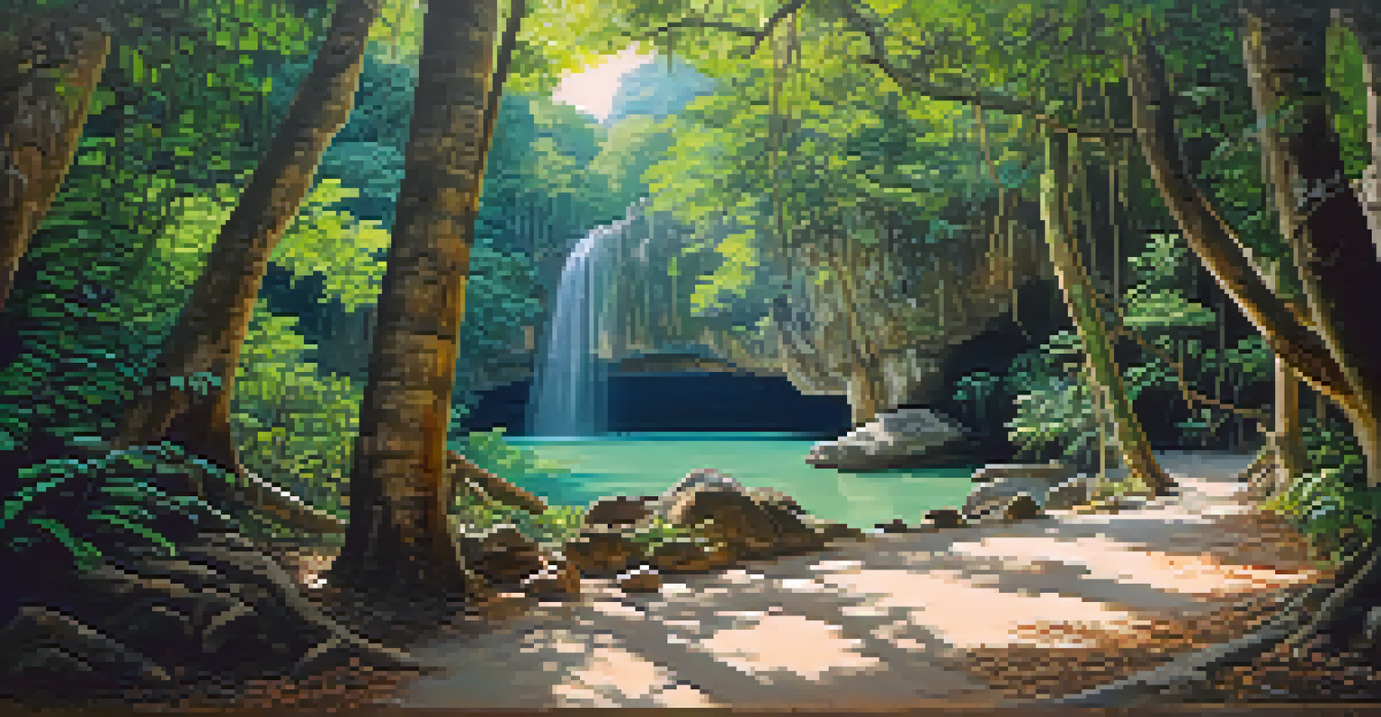 A picturesque hiking trail in Erawan National Park with lush jungles, limestone formations, and monkeys nearby.