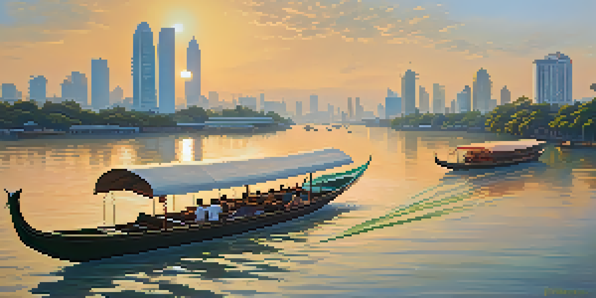 A peaceful sunset scene over the Chao Phraya River, showcasing traditional wooden boats and the Bangkok skyline with temples and skyscrapers.