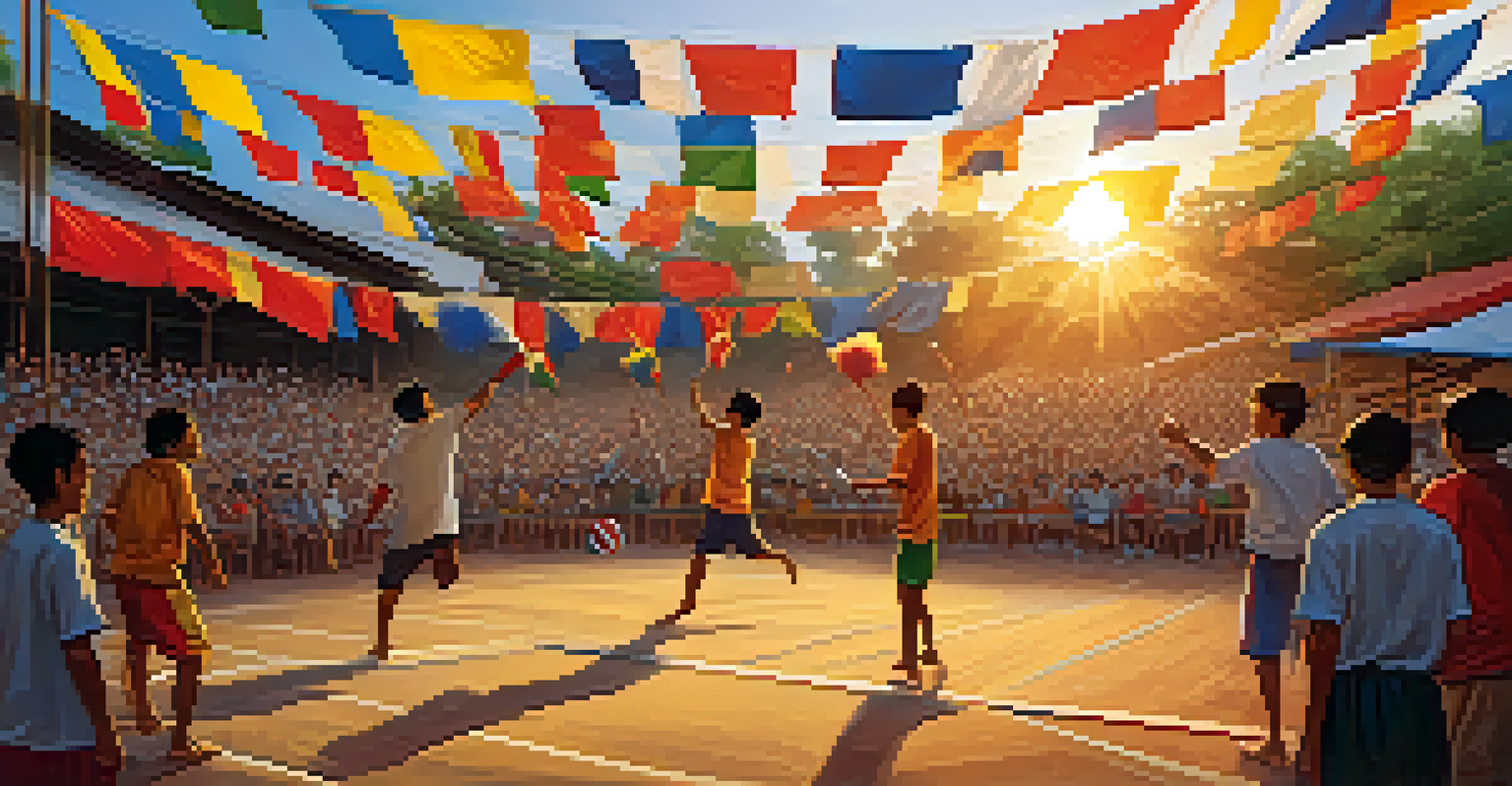 A community gathering at a Takraw tournament with spectators cheering, colorful flags, and families enjoying snacks.