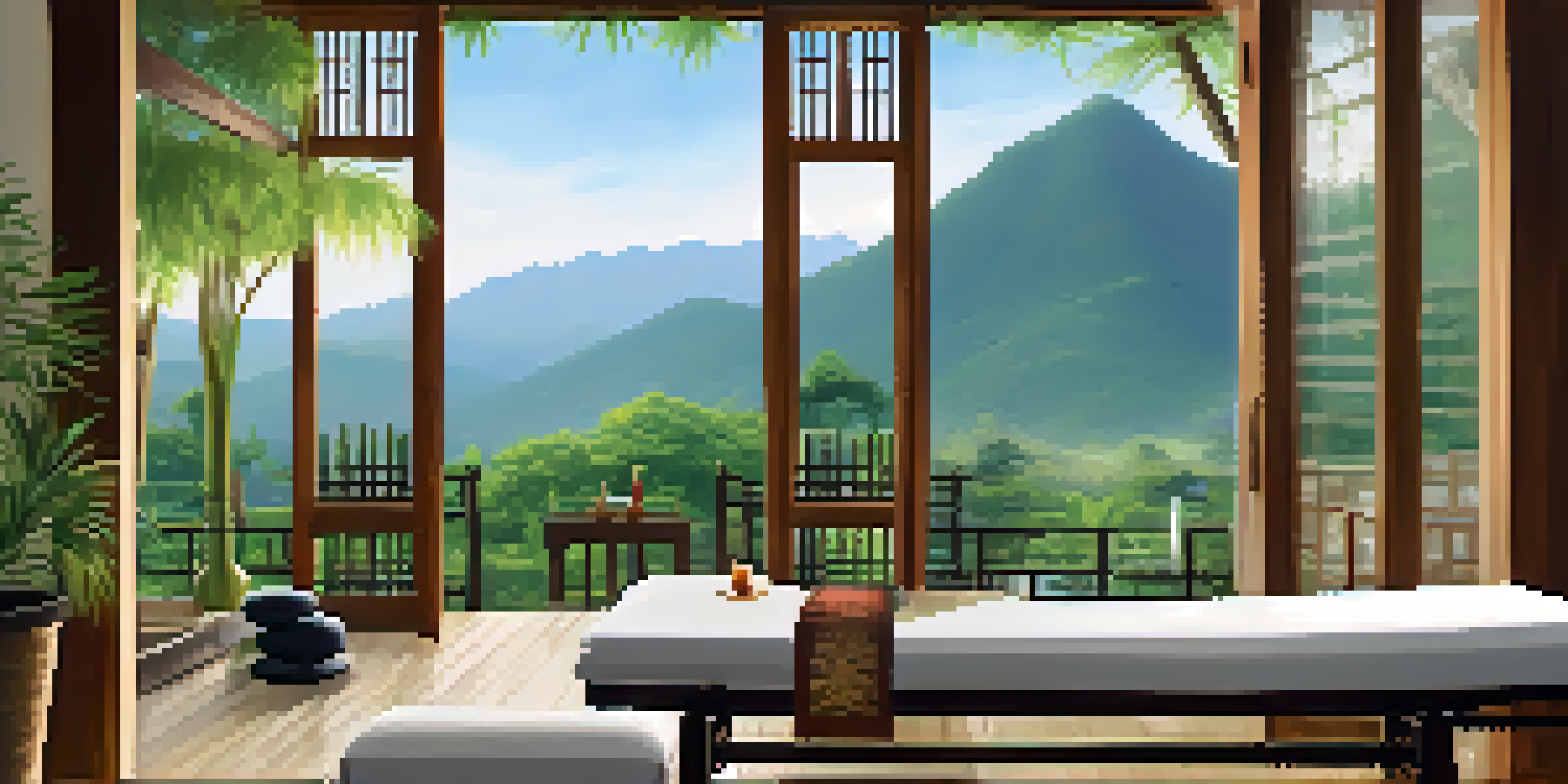 A tranquil Thai massage room in the mountains of Chiang Mai, featuring bamboo decor, lush views, and calming light.