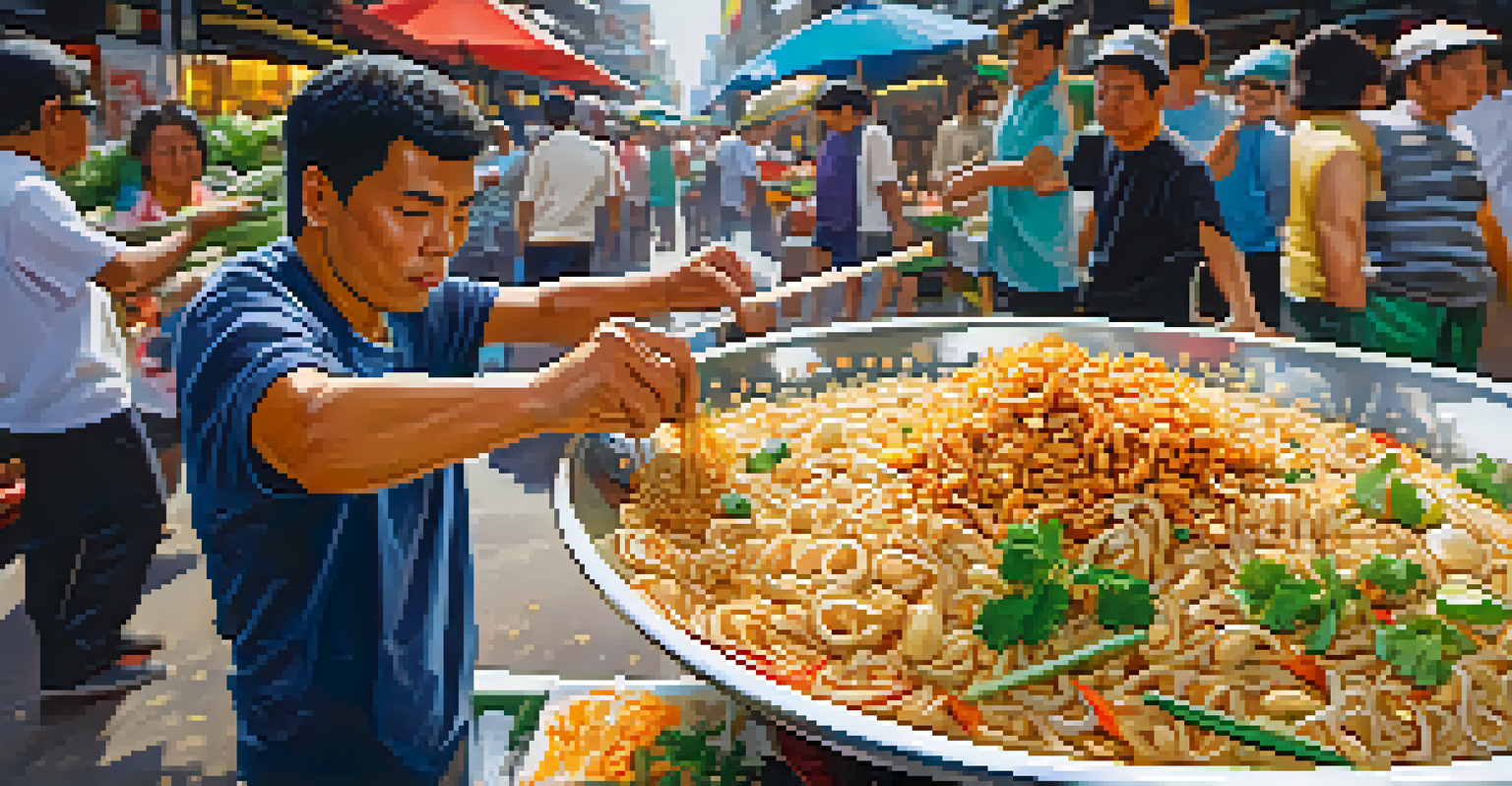A street vendor preparing pad thai with colorful ingredients in a busy Bangkok market.