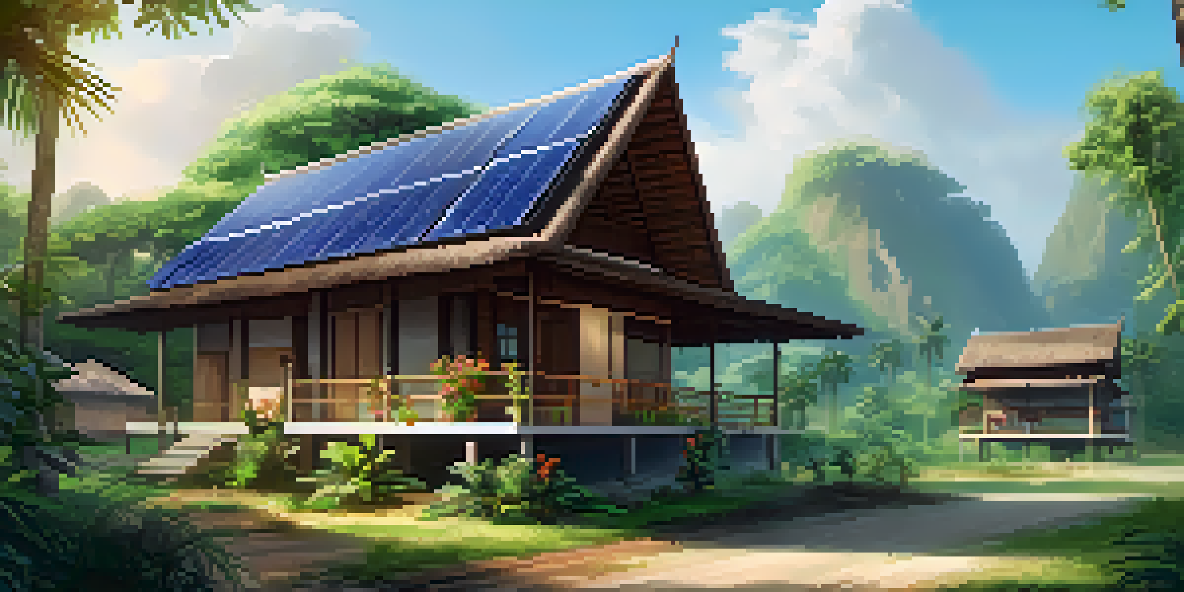 A picturesque eco-friendly accommodation surrounded by lush greenery and colorful flowers in Thailand.