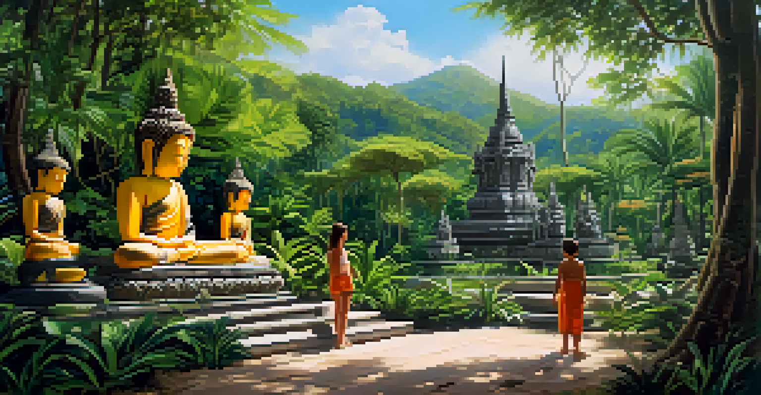 Families exploring the Secret Buddha Garden in Koh Samui, surrounded by lush greenery and intricate statues.
