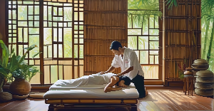 A peaceful Thai massage setting with a practitioner and client surrounded by bamboo decor and soft lighting.