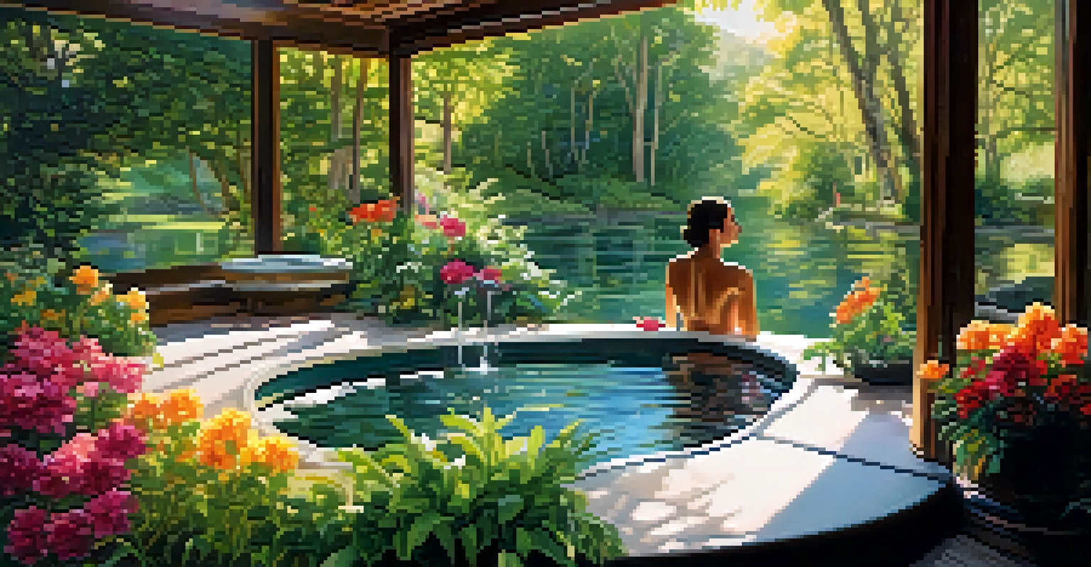 A person enjoying hydrotherapy in a hot tub surrounded by greenery and flowers.