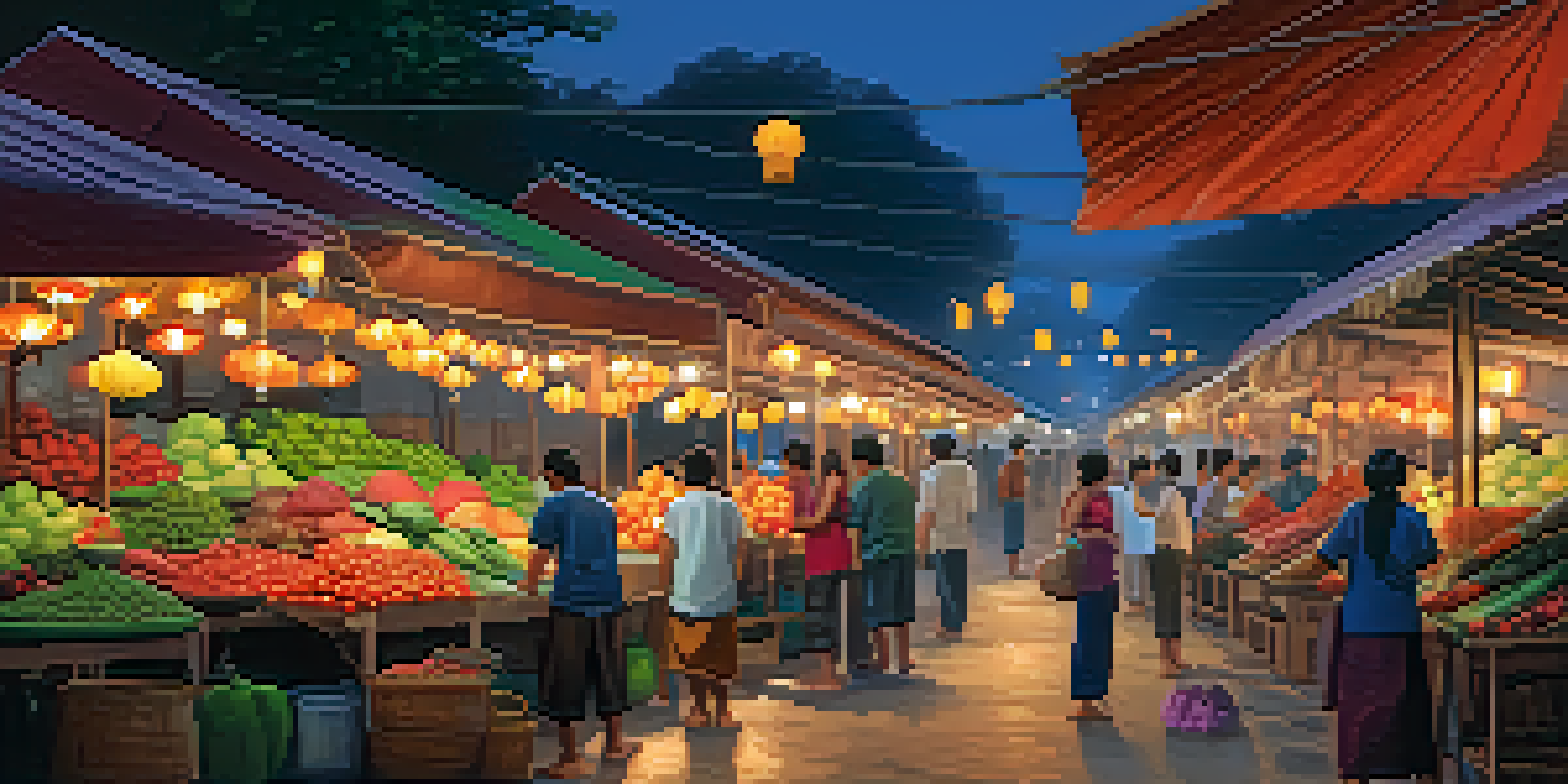 A lively Thai street market during dusk, filled with colorful fruits and vegetables, with warm lantern light and locals interacting.