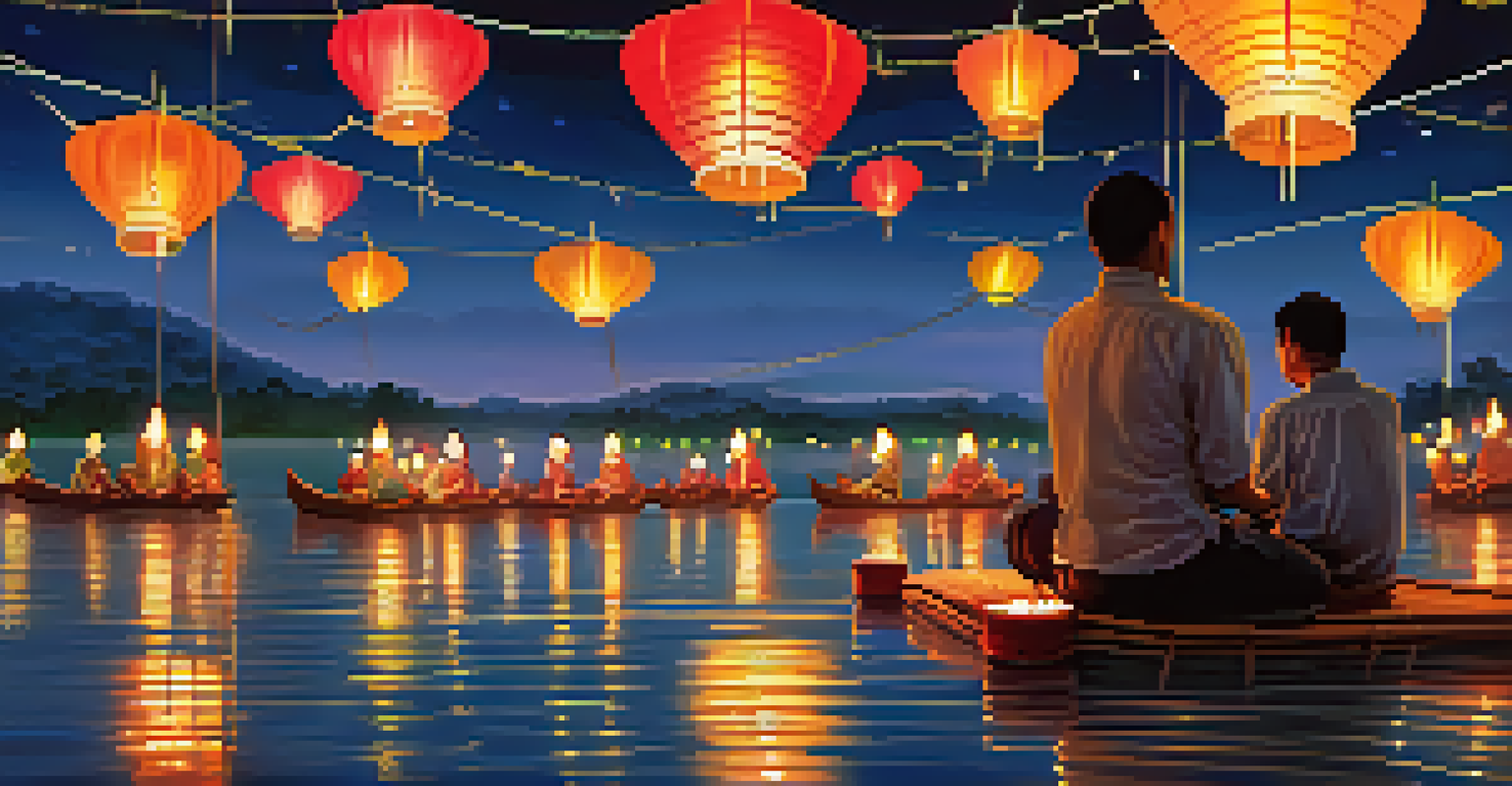 A serene view of the Loi Krathong festival with decorated baskets floating on water and glowing lanterns in the background, depicting a moment of reflection.