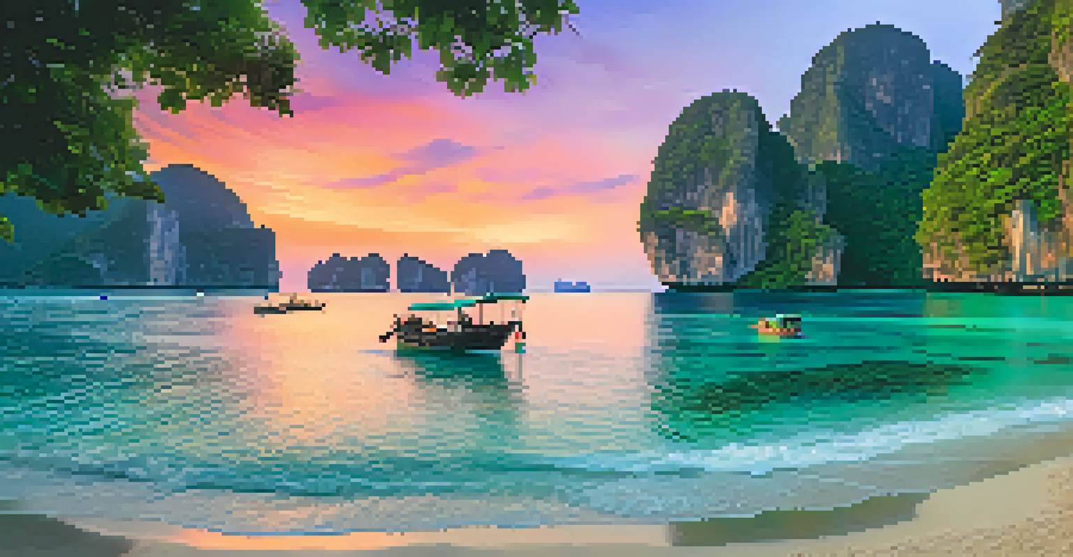 A sunset view of Phi Phi Islands with colorful sky and turquoise waters.