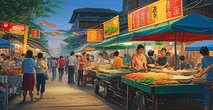 A bustling Thai street food market at dusk, filled with colorful food stalls and people enjoying various dishes.