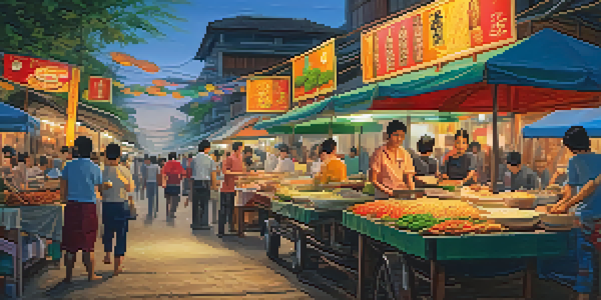 A bustling Thai street food market at dusk, filled with colorful food stalls and people enjoying various dishes.