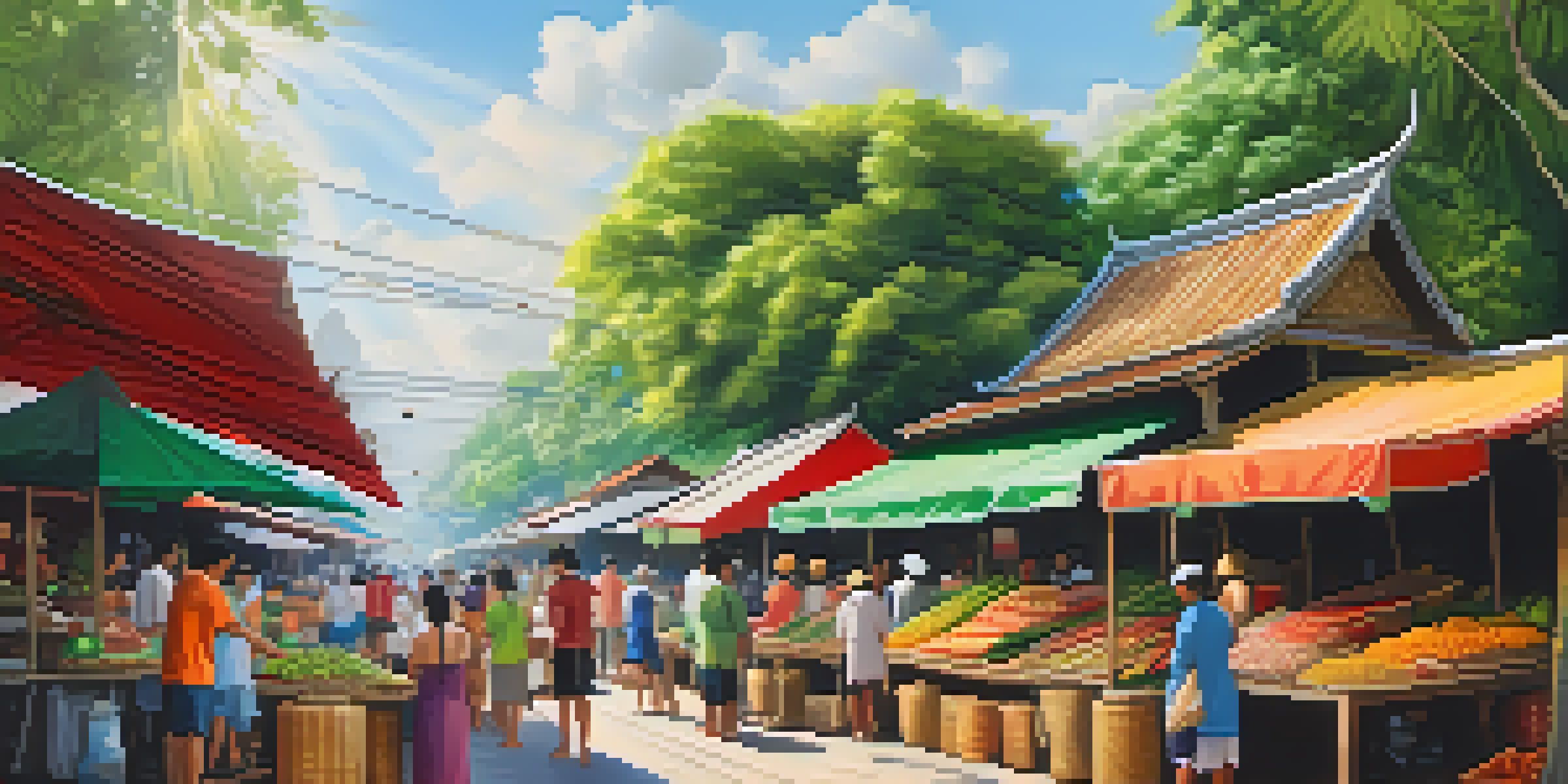 A lively Thai food market filled with colorful food stalls and people enjoying their meals under bright sunlight.