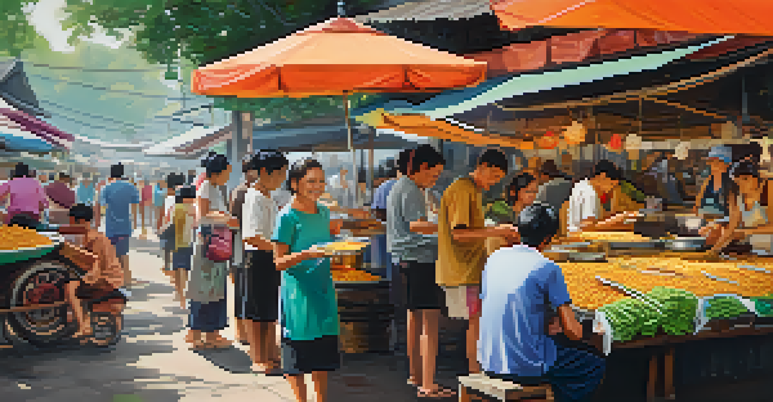 A vibrant street food market in Chiang Mai, with vendors preparing khao soi and colorful textiles, showcasing the local culture.