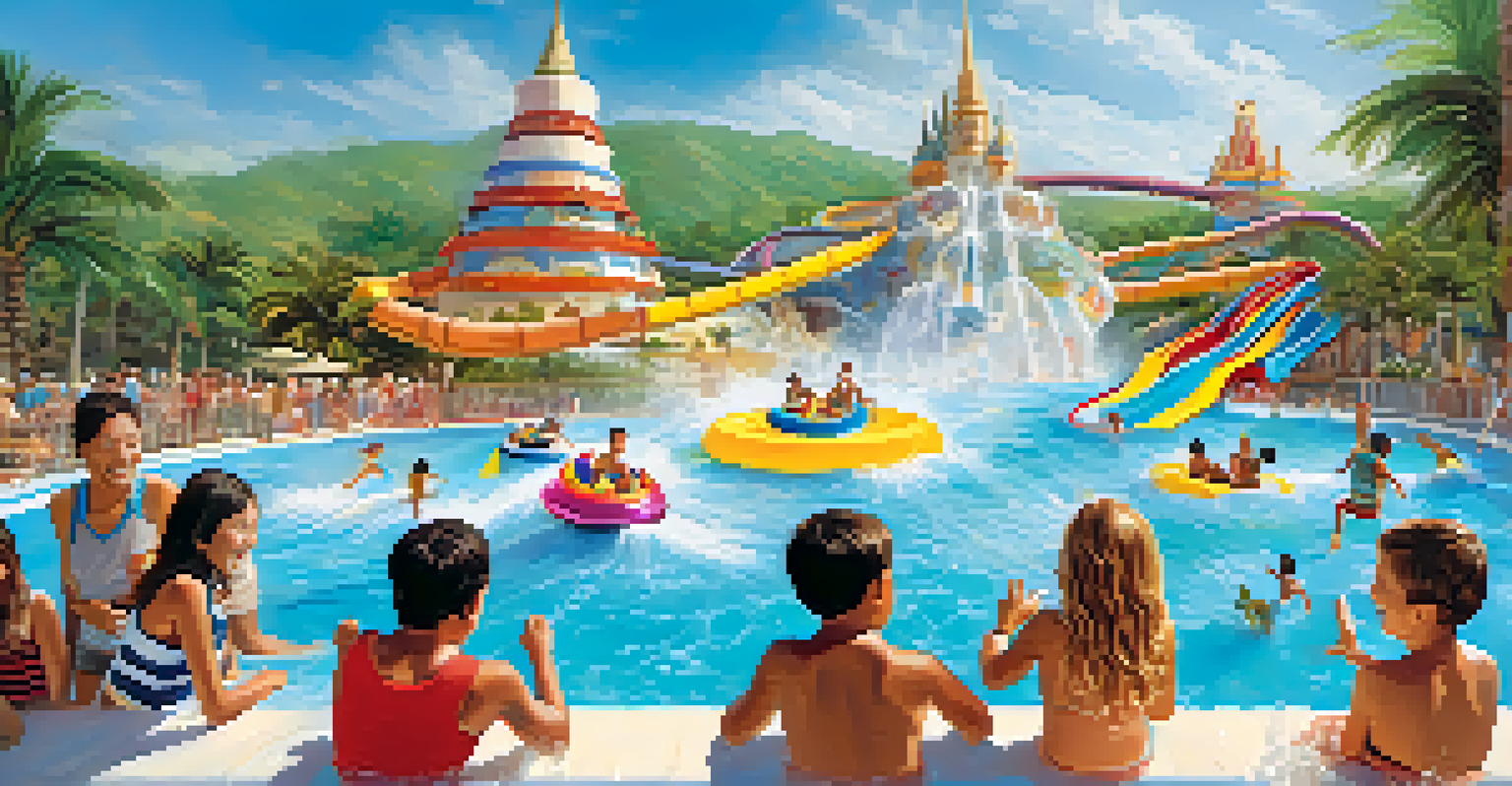 Families having fun at Siam Park City, with children splashing in a wave pool and enjoying water slides.