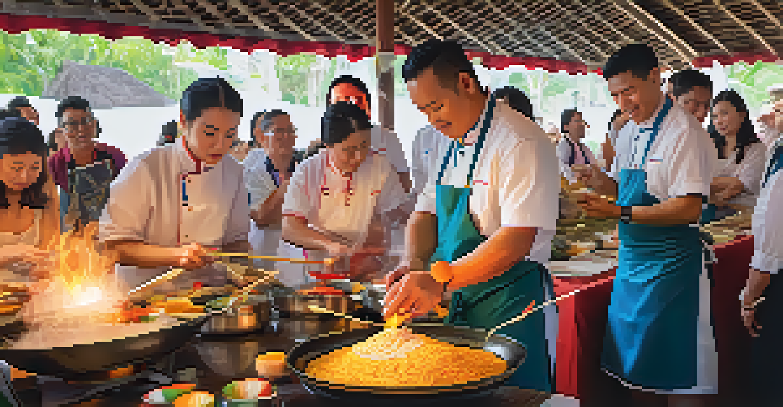 A local chef demonstrating traditional cooking at a Thai culinary festival, with an engaged audience and colorful ingredients around.