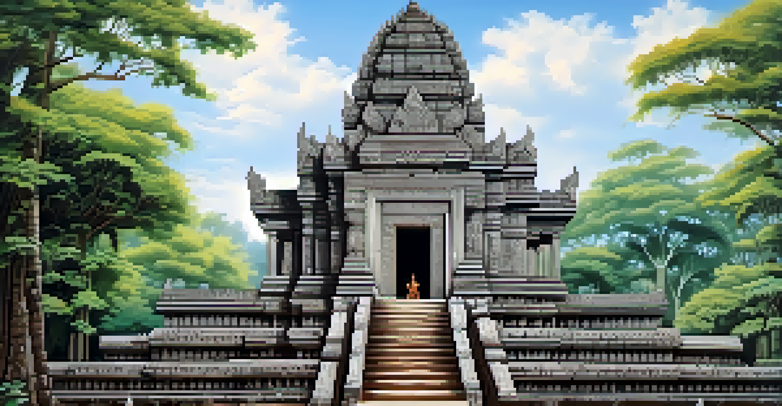 Detailed close-up of the intricate carvings on the Phimai Temple entrance, surrounded by lush gardens and ancient trees.