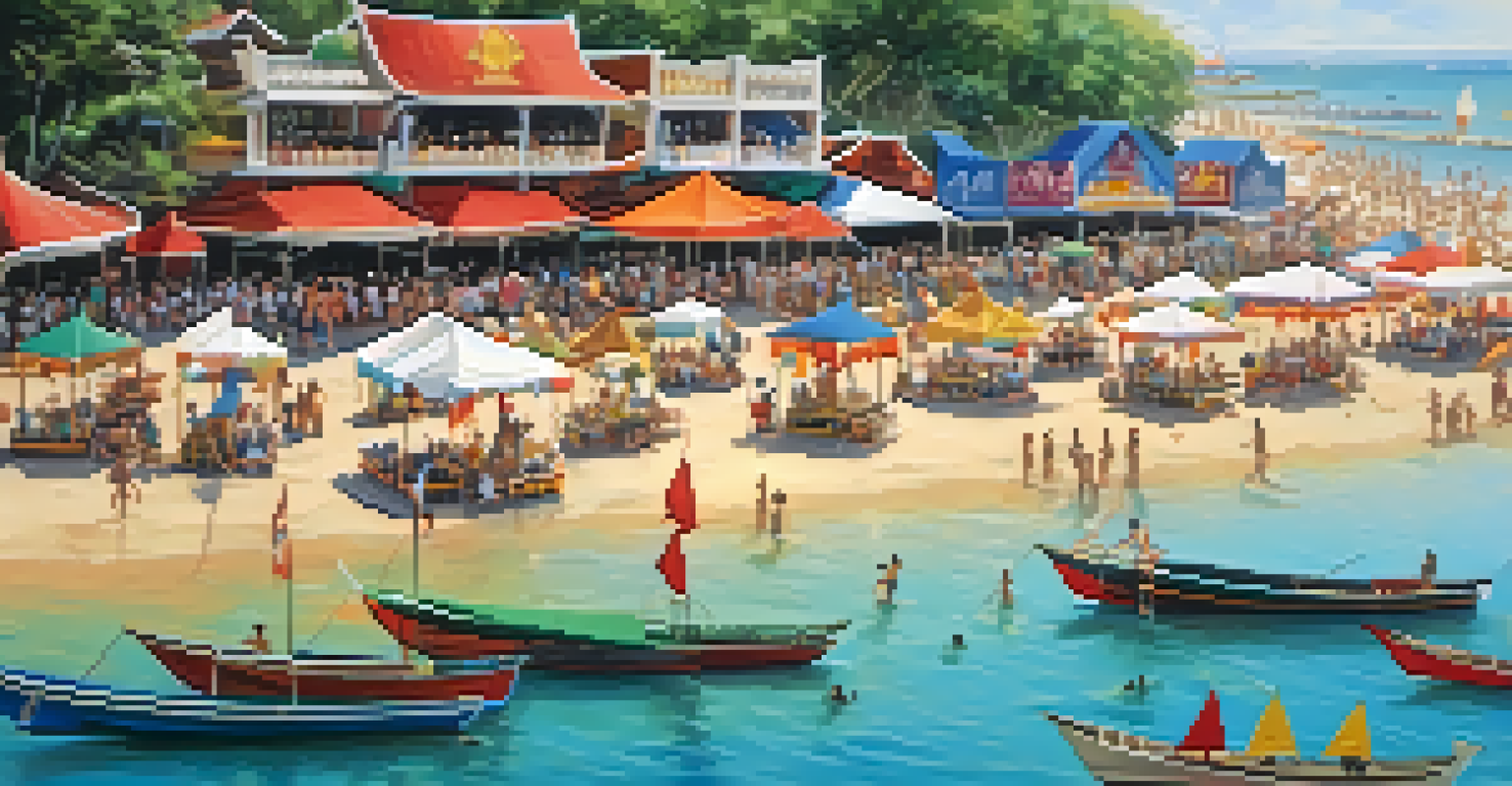 A sunny beach festival scene in Pattaya showcasing art stalls and artisans amidst vibrant cultural performances.