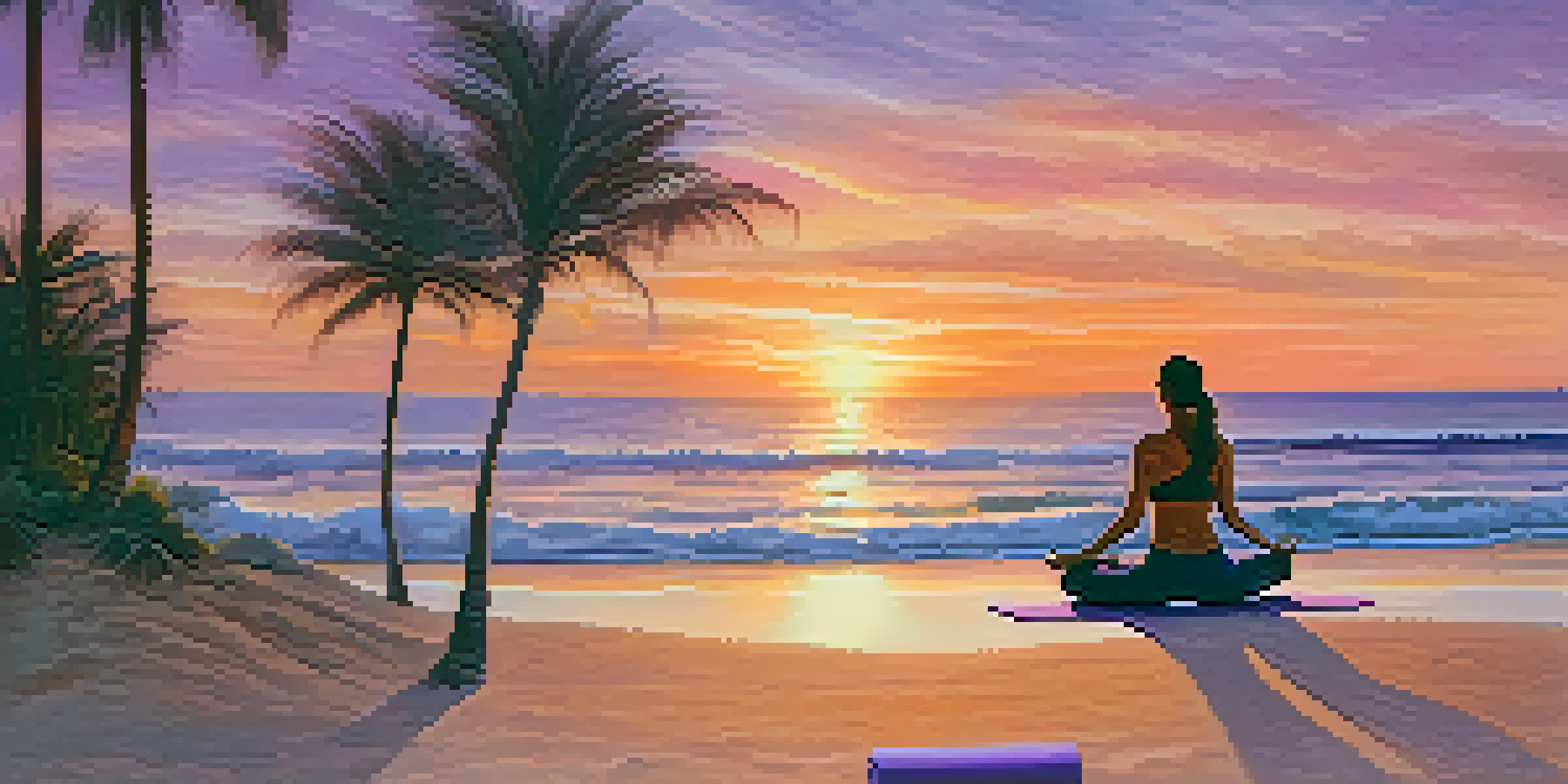 A person practicing yoga on a beach at sunset, with colorful skies and gentle waves in the background.