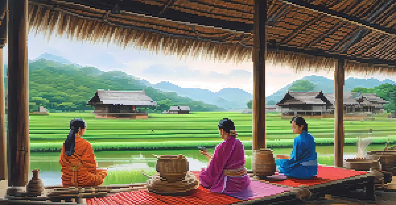 A picturesque Thai village with artisans dyeing fabrics and traditional houses surrounded by greenery.