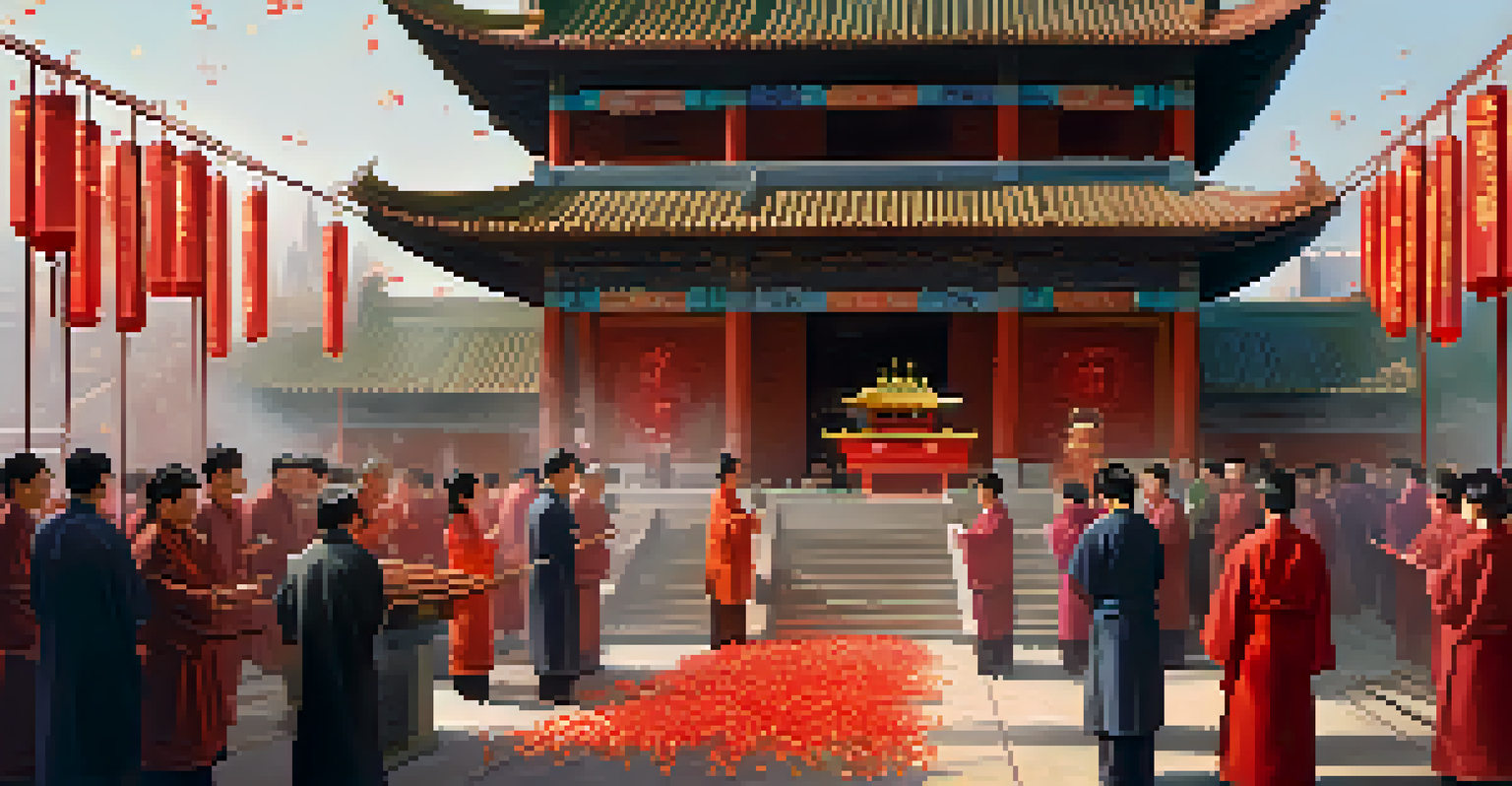 A tranquil outdoor temple scene during Chinese New Year, with worshippers lighting incense and offering prayers.