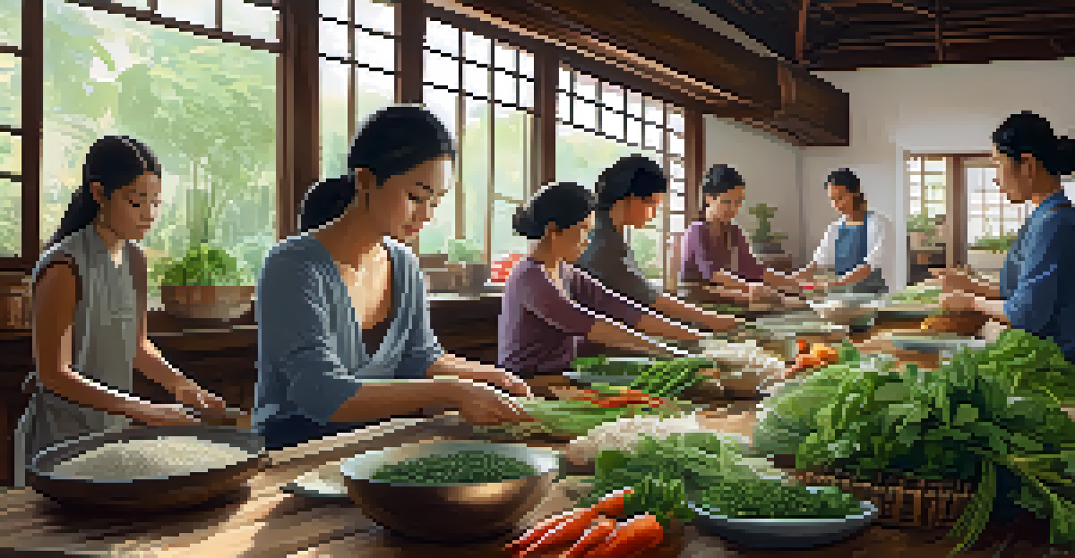 Participants in a Thai cooking class engaged in mindful preparation of fresh ingredients in a calm and serene kitchen.