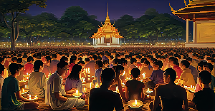 A large group of people holding candles during a nighttime vigil, surrounded by traditional Thai buildings under a starry sky.
