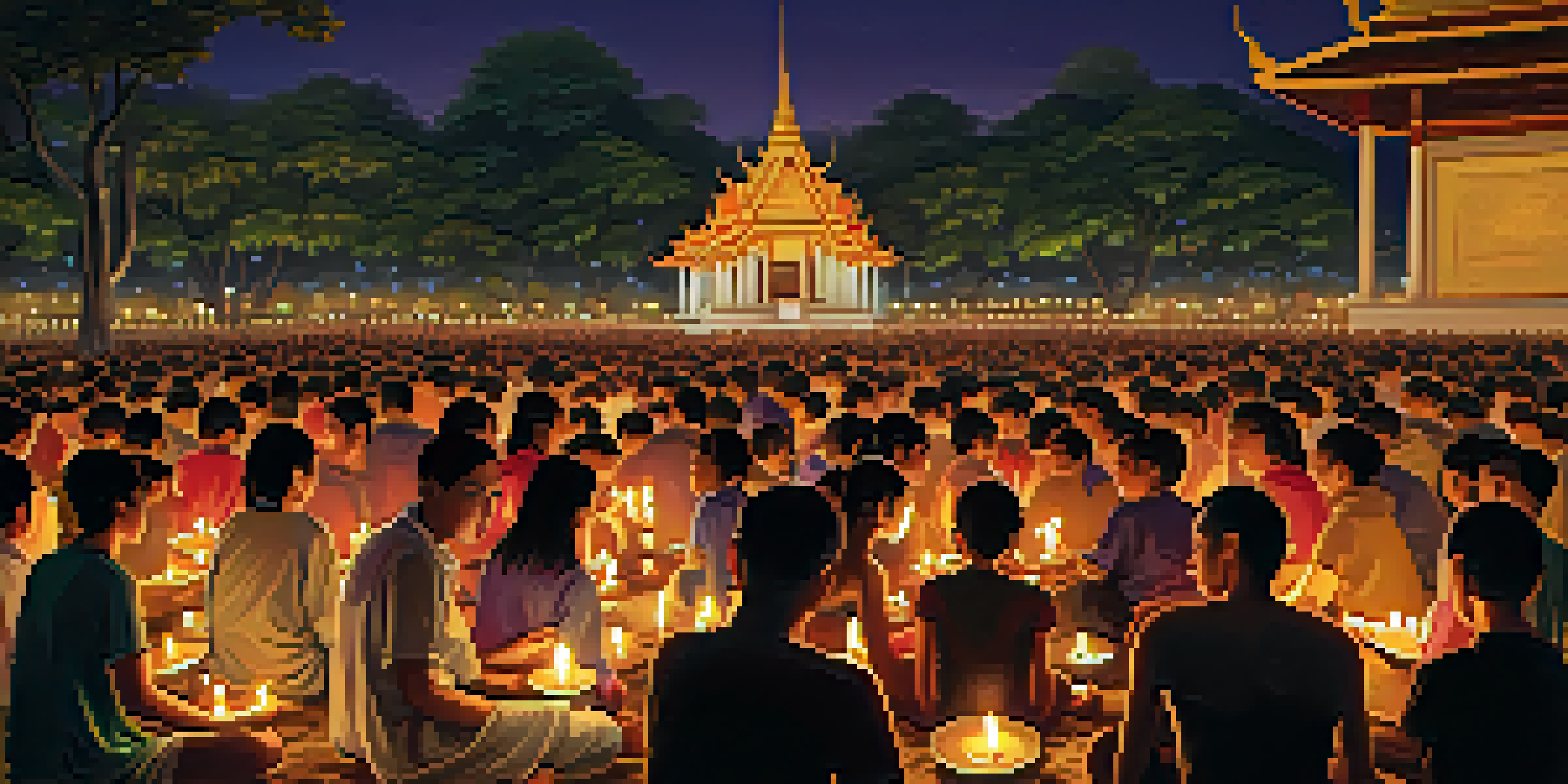 A large group of people holding candles during a nighttime vigil, surrounded by traditional Thai buildings under a starry sky.