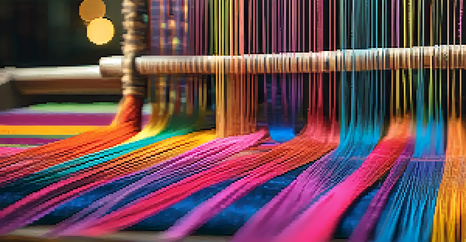 A close-up view of hands weaving colorful Thai silk on a loom, showcasing the intricate threads and patterns.