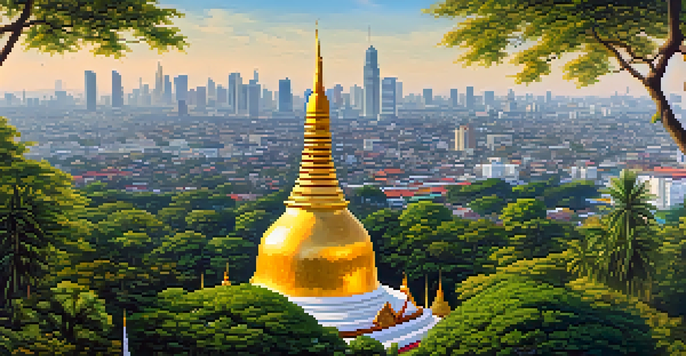 A scenic view from the top of Wat Saket with the golden chedi and Bangkok skyline in the background.