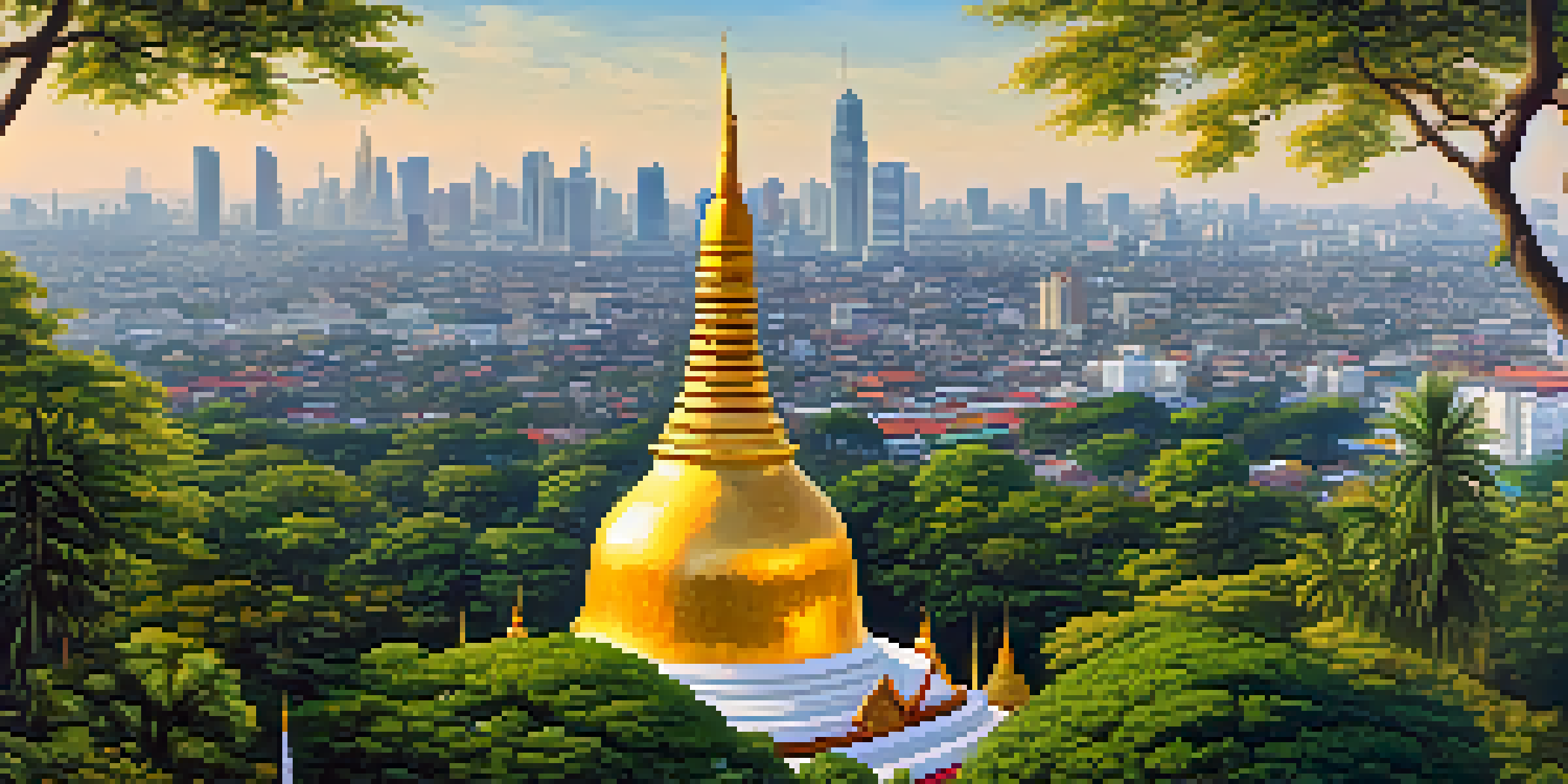 A scenic view from the top of Wat Saket with the golden chedi and Bangkok skyline in the background.