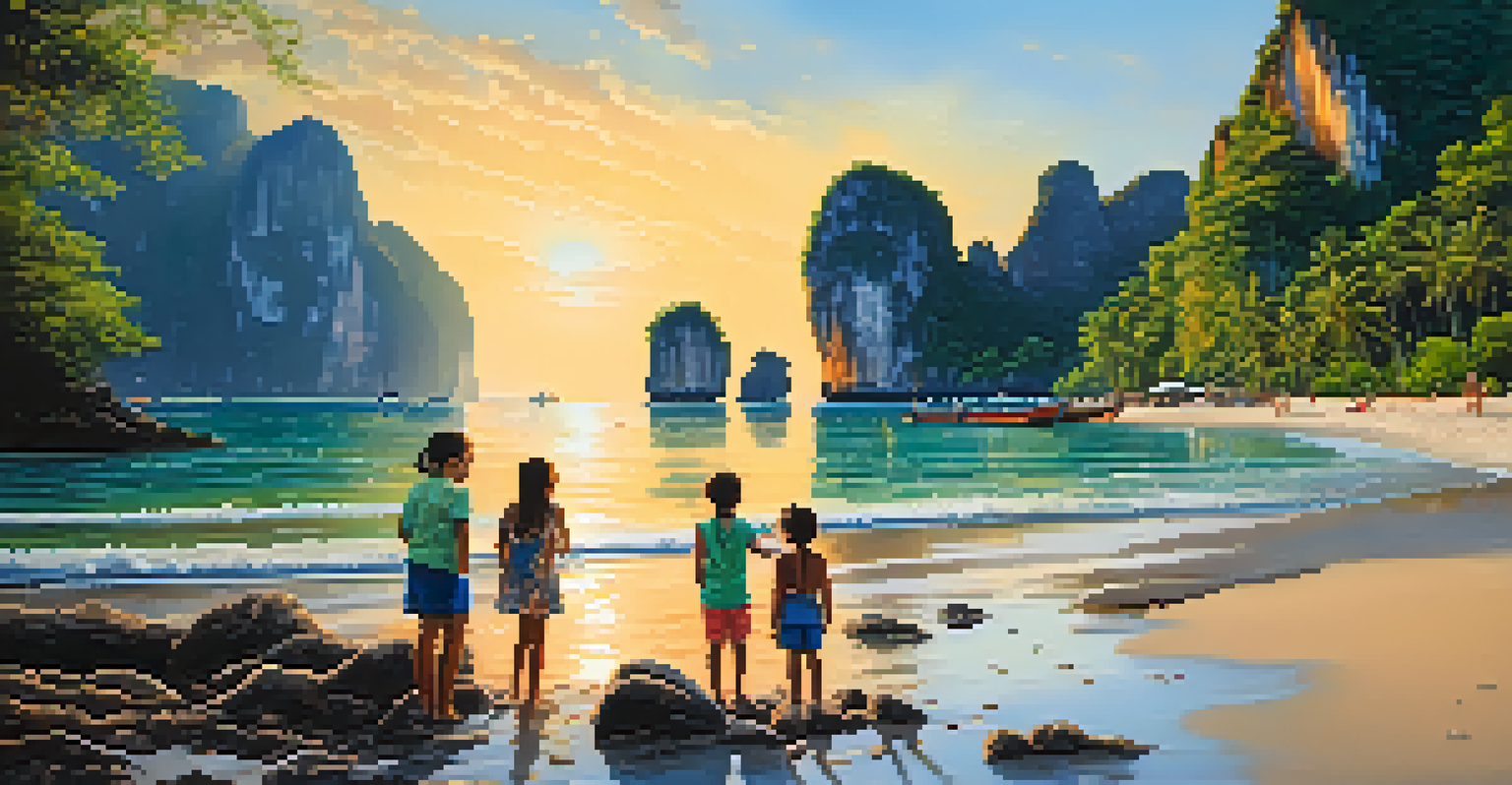 A family exploring tide pools at Railay Beach with limestone cliffs and a beautiful sunset.