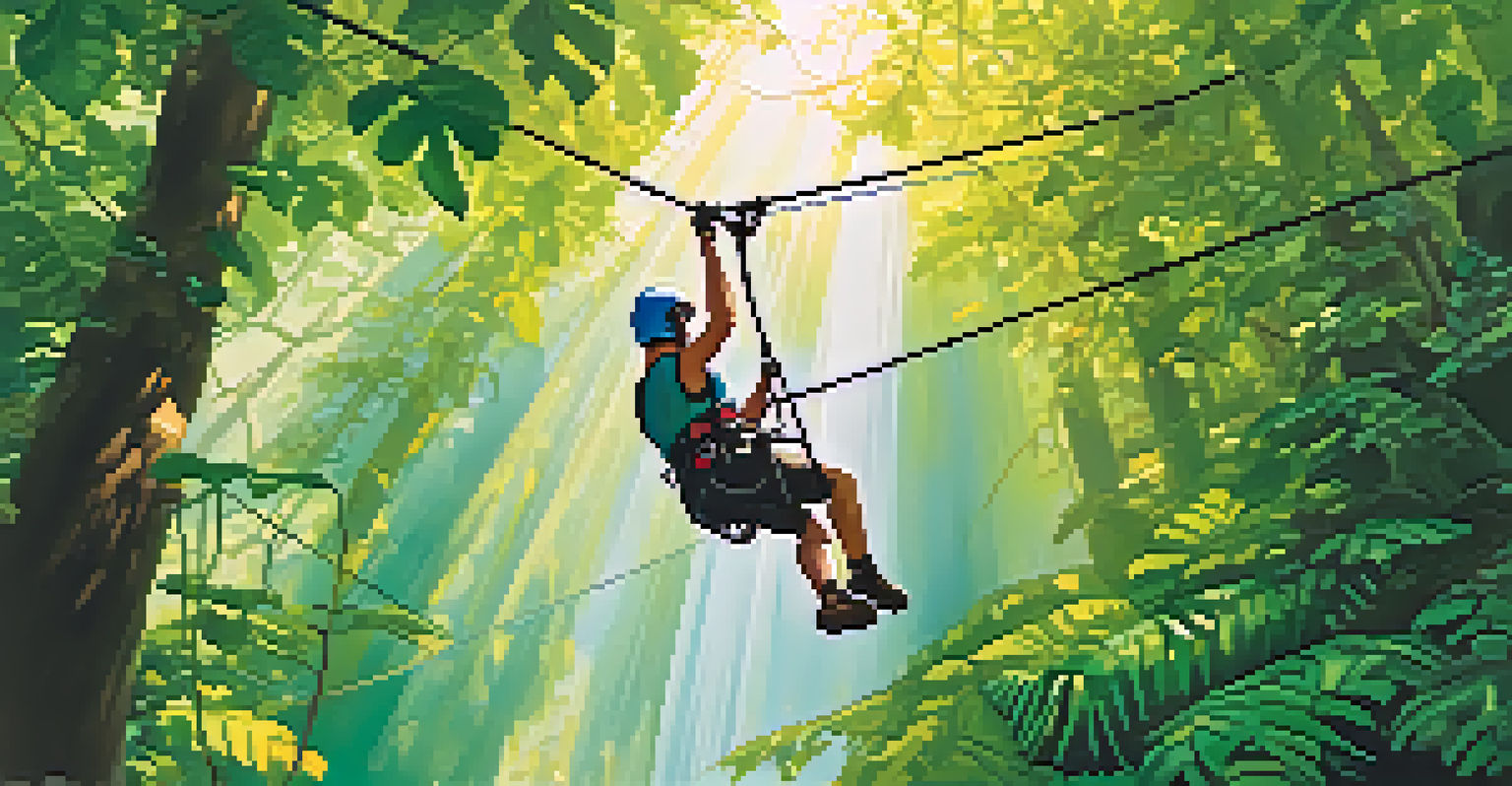 A person zip-lining through a lush rainforest, surrounded by trees and sunlight.