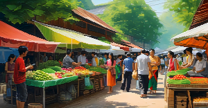 A lively outdoor market in Thailand featuring local artisans and eco-friendly fashion items, surrounded by greenery and sunlight.