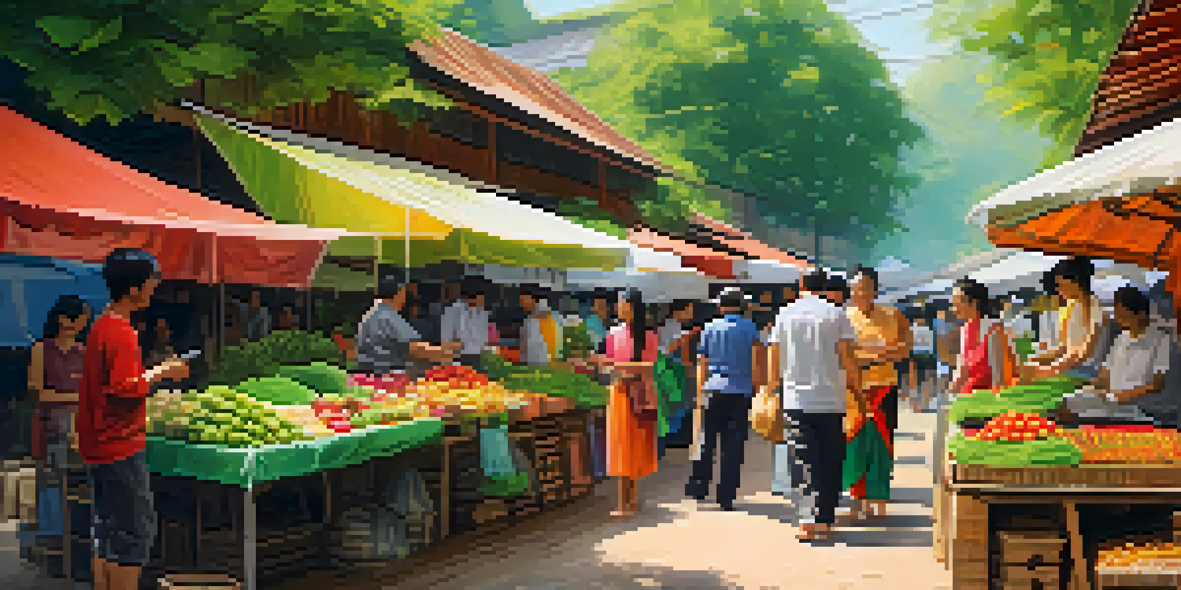 A lively outdoor market in Thailand featuring local artisans and eco-friendly fashion items, surrounded by greenery and sunlight.