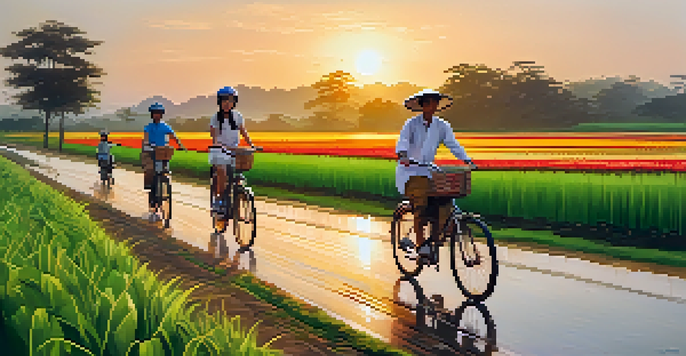 A family cycling through green rice paddies in Thailand during sunset, with colorful helmets and vibrant flowers along the path.