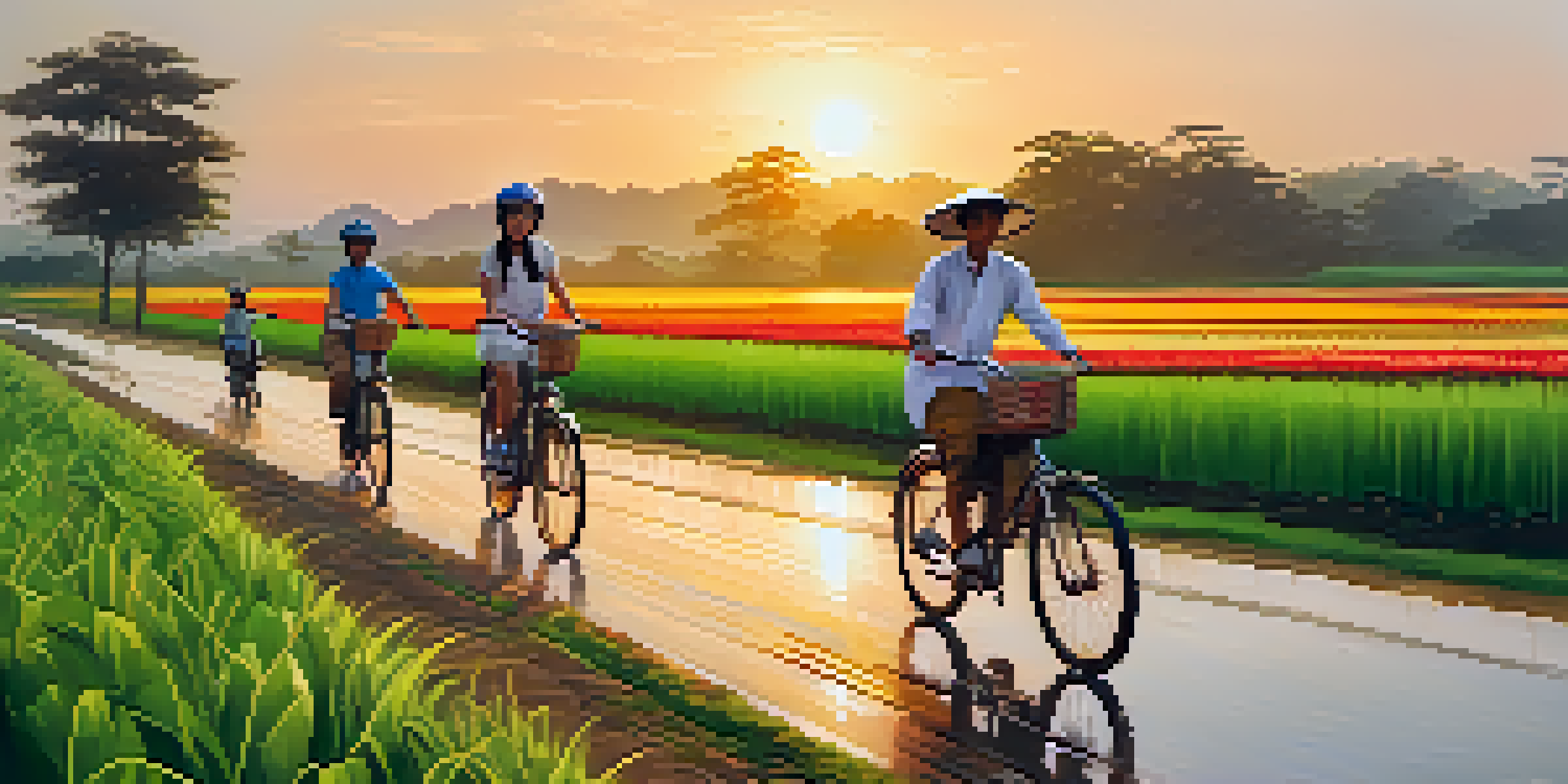 A family cycling through green rice paddies in Thailand during sunset, with colorful helmets and vibrant flowers along the path.