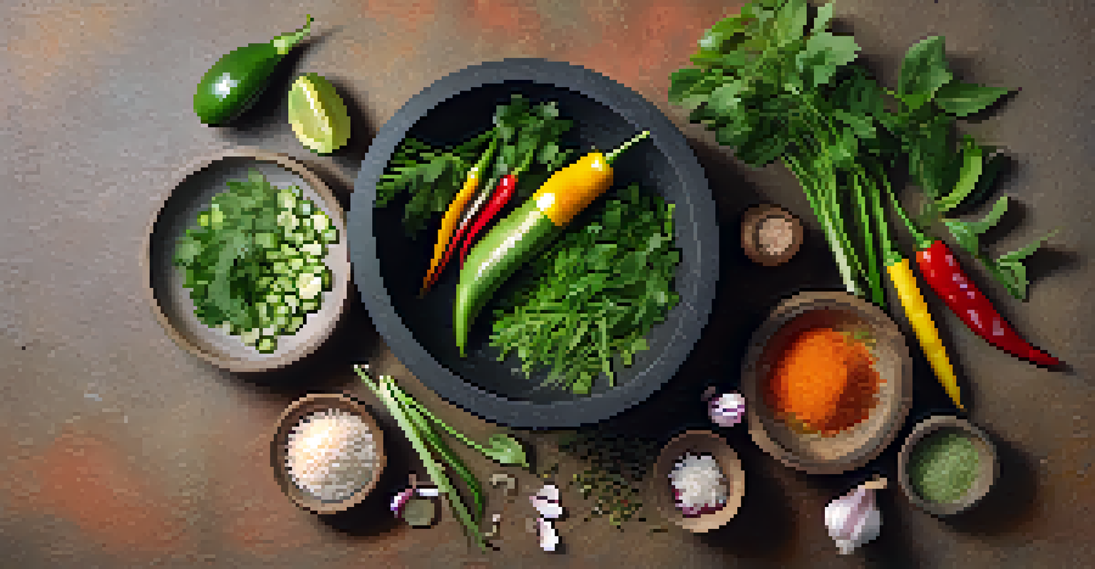 An overhead view of a mortar and pestle with ingredients for Som Tum, including green papaya, garlic, and chilies, on a stone surface.