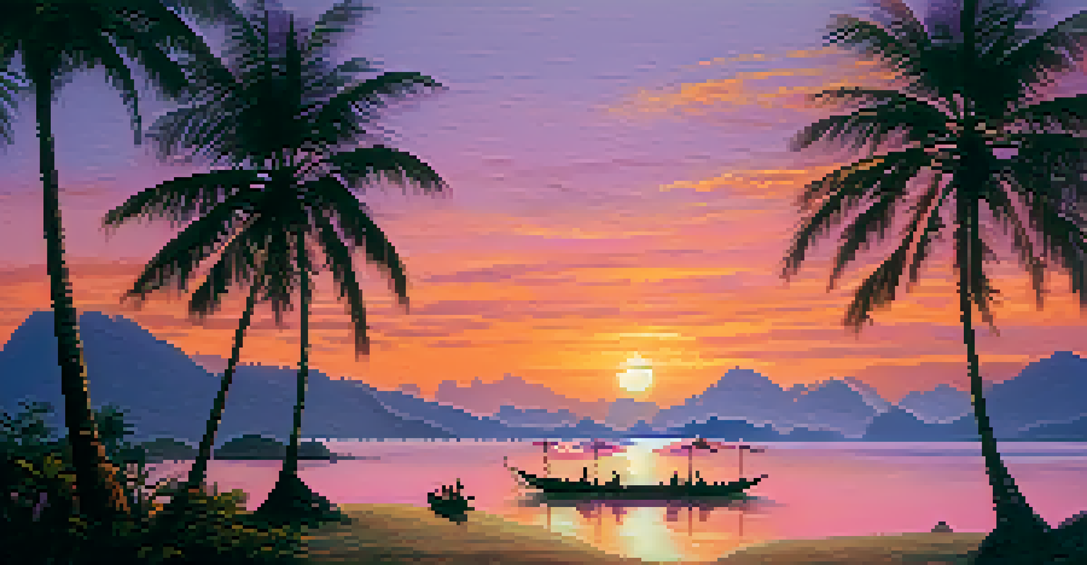 A stunning sunset over a Thai island, featuring vibrant colors in the sky and silhouettes of palm trees, with travelers enjoying the view.