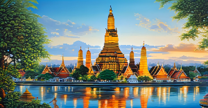 A sunrise view of Wat Arun, showcasing its colorful porcelain decorations and reflection in the river.