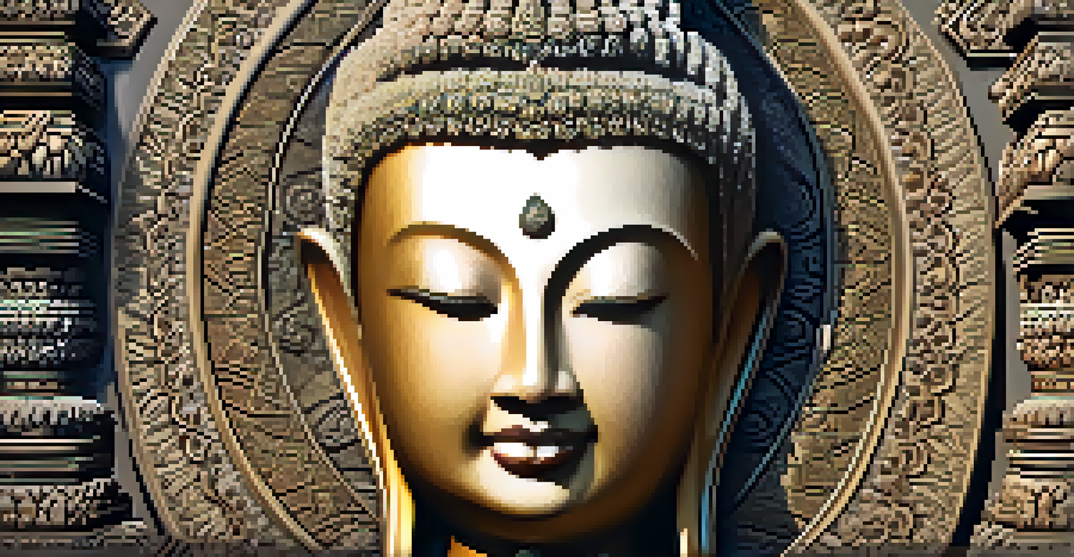 A close-up view of a detailed Buddha statue from Sukhothai, highlighting its serene expression and intricate patterns, illuminated by sunlight.
