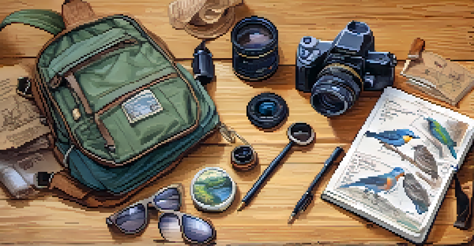 A close-up of an open field notebook with bird sketches and notes, surrounded by binoculars, a backpack, and a camera.