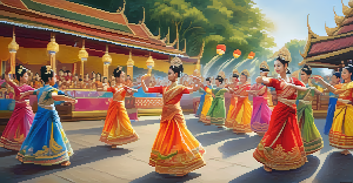 A traditional Thai dance performance with dancers in colorful costumes and an audience in a festive outdoor setting.