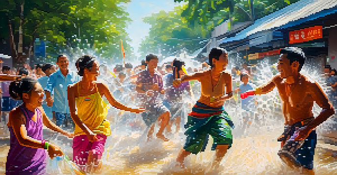 A lively street scene in Thailand during the Songkran Festival, showing locals in traditional attire enjoying a water fight with colorful water guns.