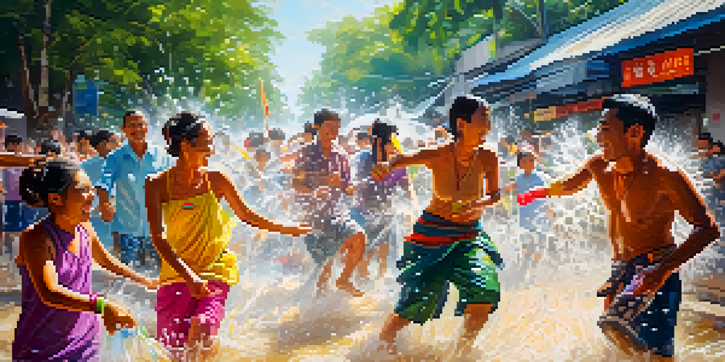 A lively street scene in Thailand during the Songkran Festival, showing locals in traditional attire enjoying a water fight with colorful water guns.
