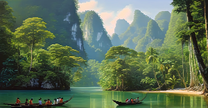 A scenic landscape of Khao Sok National Park featuring limestone cliffs, lush rainforest, and a river, with tourists hiking.