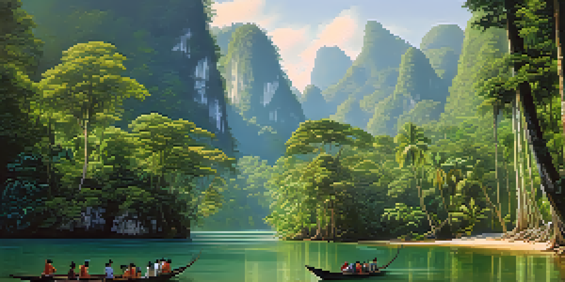 A scenic landscape of Khao Sok National Park featuring limestone cliffs, lush rainforest, and a river, with tourists hiking.