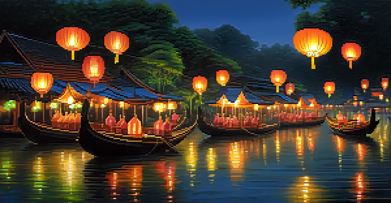 A night view of the Loy Krathong Festival in Thailand, featuring floating decorated baskets on a river, illuminated by glowing lanterns and surrounded by greenery.